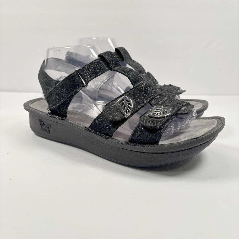 Alegria Womens 40 Kleo Sandals Black Metallic Leather Leaf Strappy Comfort Ortho